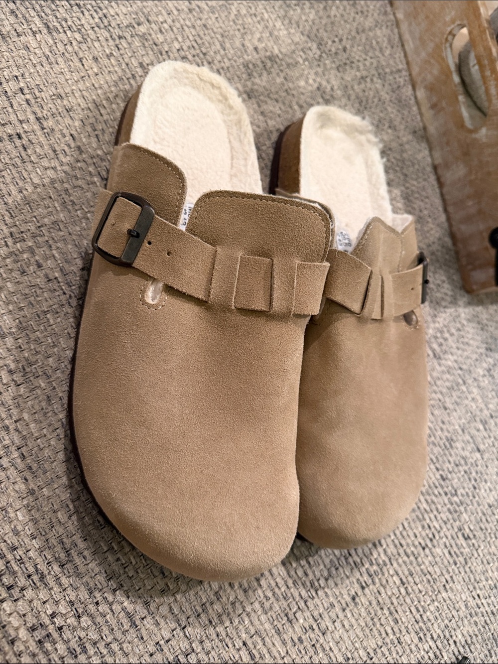 Women's Suede Slip-On Clog in Tan with Buckle - Picture 1 of 3